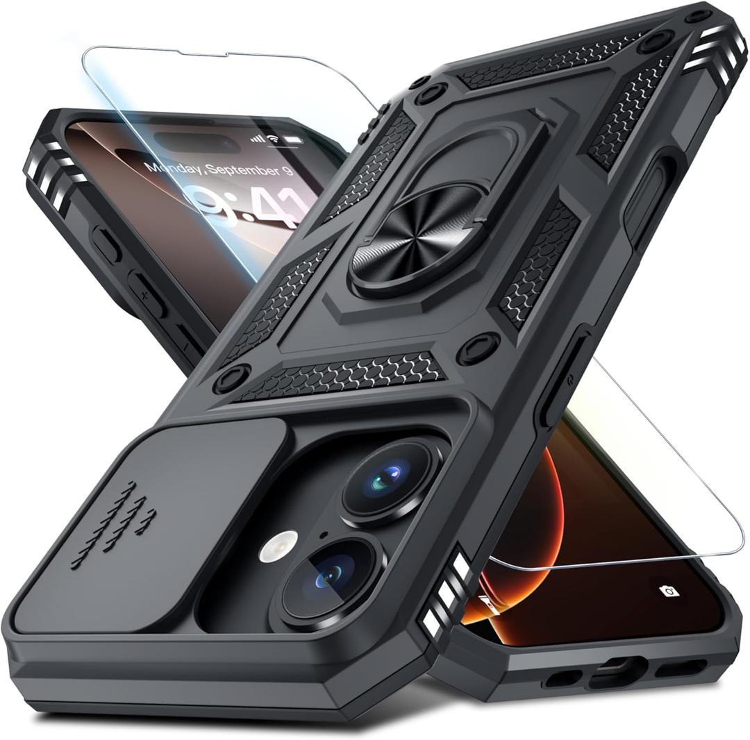 Janmitta Case for iPhone 11 Phone Cover Built in Slide Camera Lens Cover+Screen Protector,Heavy Duty Shockproof Full Body PhoneCase with Finger Ring Holder Kickstand,Black
