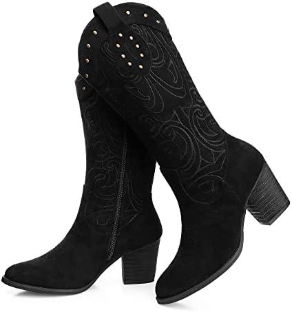 SHIBEVER Cowboy Cowgirl Boots for Women: Wide Calf Western Pointed Toe Chunky Heel Suede Embroidered Mid Calf Boot, Black, 36