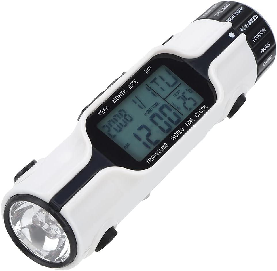World Time Travel Clock,3 in 1 Flashlight LED Digital World Time Travel Alarm Clock Thermometer Outdoor with Backlight Display