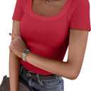 ANRABESS Women Short Sleeve Tops Scoop Neck Ribbed Knit Slim Fitted Basic Tee Shirt Casual Summer Clothes 2026 Spring Outfits (Red, M)