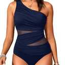 Aqua Eve Women Mesh One Piece Swimsuit - Tummy Control One Shoulder Bathing Suit Cut Out Swimwear 2025 Navy Blue Small