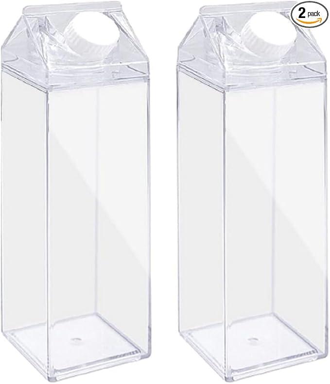 Milk Carton Water Bottle Reusable 2 PCS 17oz Clear Plastic Milk Box BPA Free Leakproof Milk Carton Cups Portable Square Juice Bottle Shaped Container Juice Tea Jug for Outdoor Sports Travel Camping