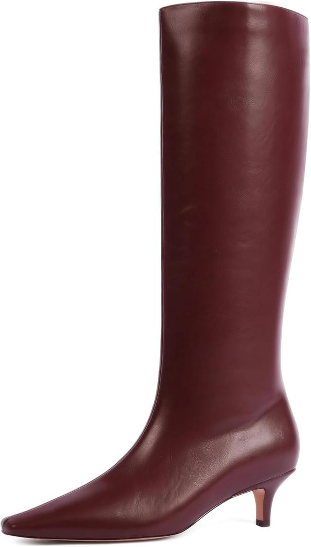 Modatope Knee High Boots for Women Square Toe Kitten Low Heel Tall Boots Faux Leather Fall Boots Side Zipper Long Boot (9, Burgundy Pu)
