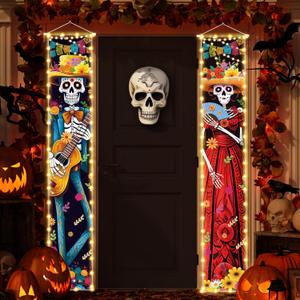 Halloween Decorations Dia De Los Muertos Lighted Porch Sign Banners Halloween Decor Mexico Day of The Dead Porch Signs Banner Indoor Outdoor Wall Door Party Decor Decoration Ornaments