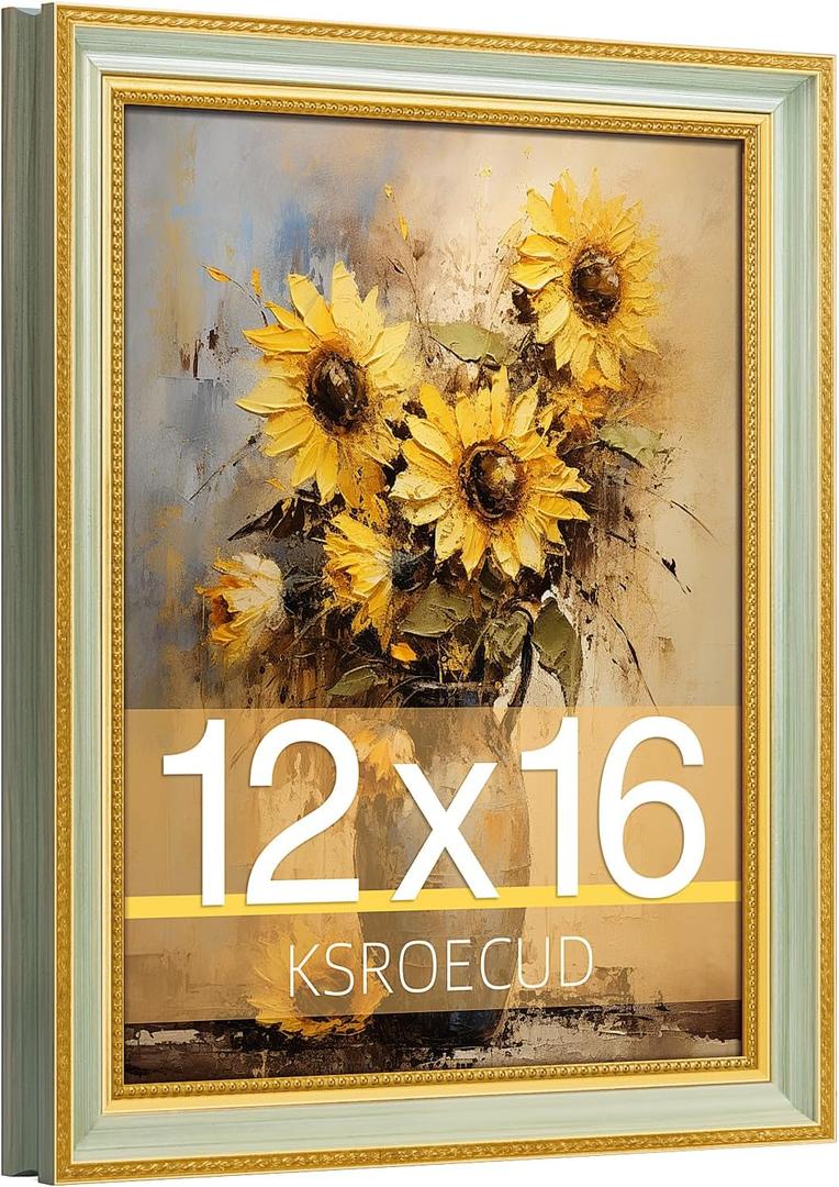 12x16 Picture Frame, HD Real Glass Ornate Vintage 12x16 Photo Frame, 12 by 16 Poster Frame with Gold Green Texture Border Horizontal & Vertical Display for Tabletop or Wall Decor (1 Pack)