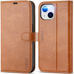 TUCCH Wallet Case for iPhone 13, [RFID Blocking] Card Slots Holder Stand [Shockproof TPU Interior Case] PU Leather Magnetic Protective Flip Cover Compatible with iPhone 13 6.1" 2021, Textured Brown