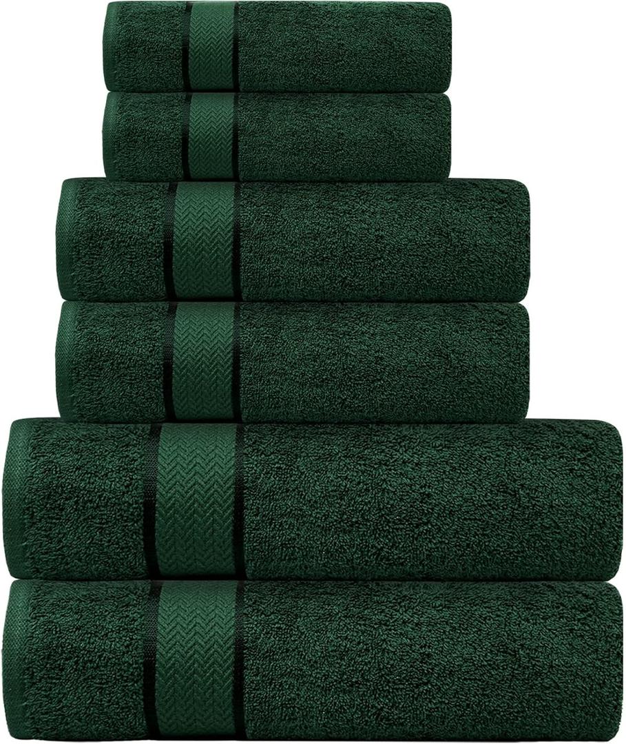 Luxury Bath Towels Set -100% Cotton- 2 Bath, 2 Hand & 2 Washcloths- Large, Thick, Fluffy, Absorbent, Quick Dry, Soft & Plush - 6 Piece Luxury Bathroom Towels - Dark Green/Forest Green