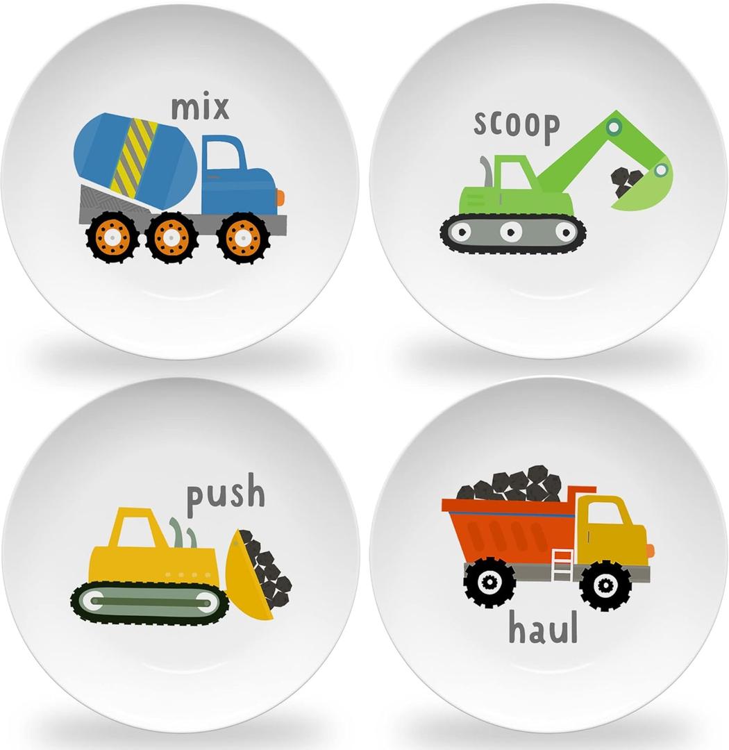 Tiny Expressions - Construction Plates for Toddlers - Set of 4 Melamine Plates for Kids - Excavator, Cement Mixer, Bulldozer, and Dump Truck - Fun Plastic Dinnerware for Kids (Multicolor)