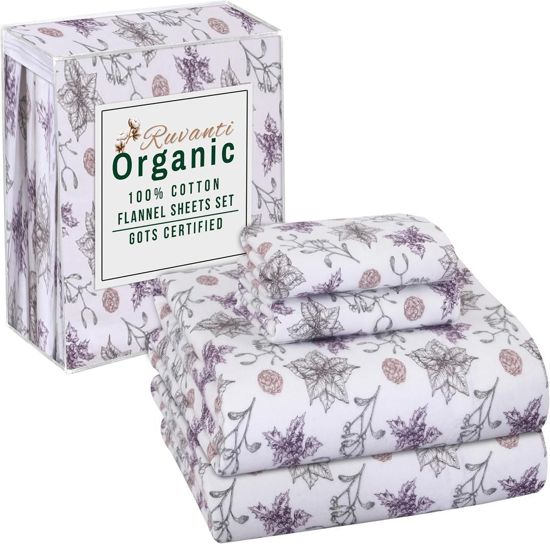 RUVANTI Flannel Sheets Full Size - GOTS Certified 100% Organic Cotton, 4 Piece Warm, Soft & Breathable Set, Deep Pocket Snug Fit, Double Brushed Cozy All Season Bedding, Fir Affection