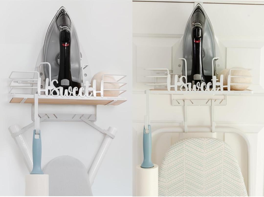 Farmhouse Ironing Board Hanger Wall Mount or Over the Door - Universal Laundry Room Ironing Board Holder Caddy with Iron Holder Shelf - Adjustable Hooks to Hold Ironing Boards Large & Small - White