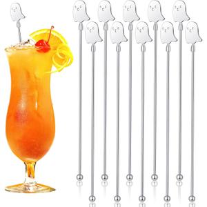 10 Pcs Halloween Swizzle Sticks Stainless Coffee Cocktail Stirrers 8.07 Inches Ghost Stirrers Reusable Cocktail Stir Sticks for Halloween Party Tea Coffee Bar Decoration