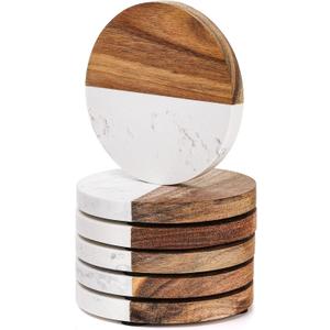 ZENFUN 6 Packs Marble Wood Coasters, Round Coaster, Handcrafted Artificial Marble Coasters Set for Your Drinks and Beverages, Tea, Coffee, /Bar Glasses, Tabletop Protection Helper