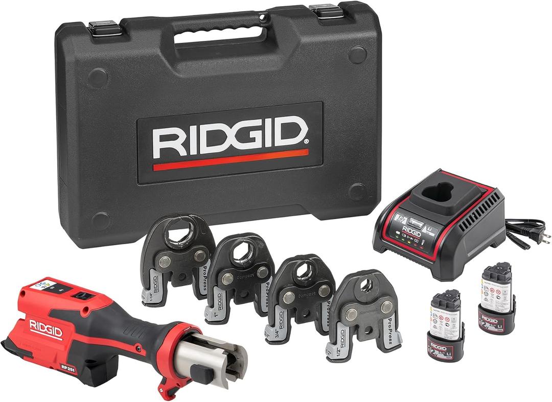 RIDGID 78148 RP 251 Compact Press Tool Battery Kit with ProPress Jaws (1/ 2" to 1-1/ 4"), In-Line Pressing Tool for Copper, Stainless Steel, PEX, and Carbon Steel