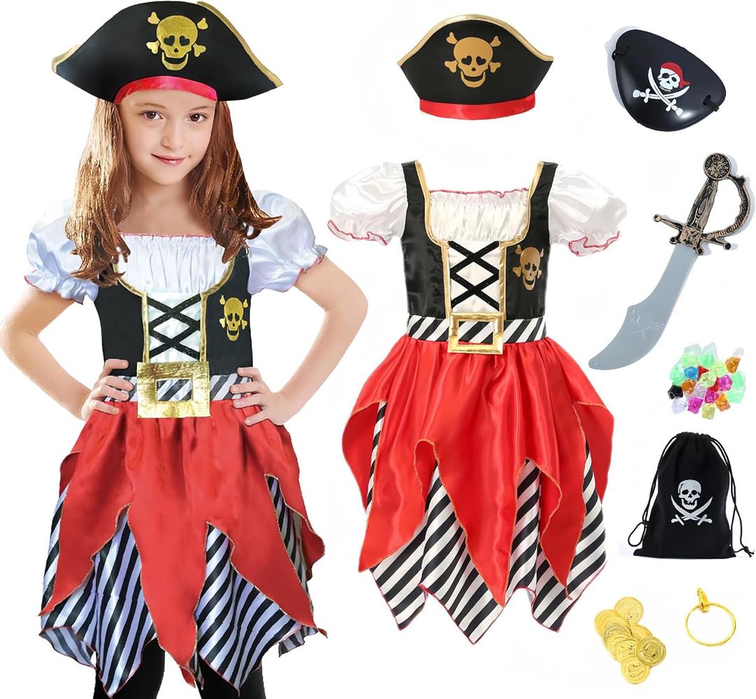 Lingway Toys Girls Deluxe Pirate Costume,Buccaneer Princess Dress for Kids (XS 3-4)