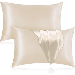 Silk Pillowcase for Hair and Skin, 2 Pack 100% Mulberry Silk Pillowcase 25 Momme, 600 Thread Count, Both Side Pure Silk Pillow Cover with Hidden Zipper (Beige, Standard 20''×26'')