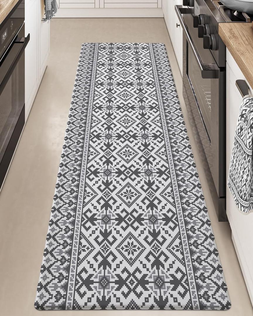 LUMI Anti Fatigue Kitchen Cushioned Mat for Floor, Ultra Soft Non-Slip Waterproof Runner for Standing, Stain Resistant PVC Comfort Rugs for Home, Office, Sink, Laundry, 24x59 (Gray and White)