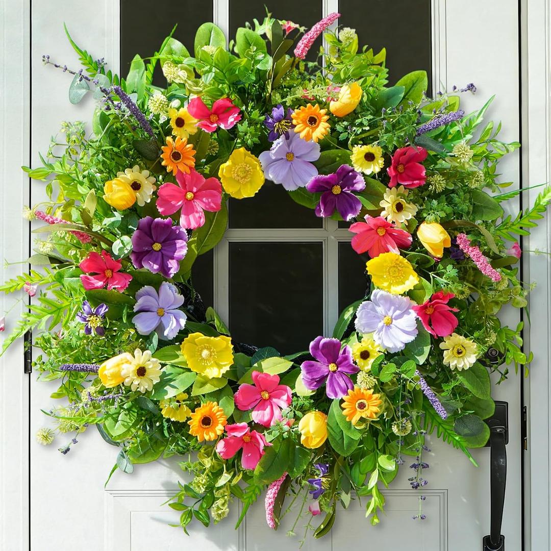 Spring Summer Wreaths for Front Door 24 Inch, Luxury Colorful Seasonal Wreath with Eucalyptus & Wild Blooms, Artificial Floral Wreath for Indoor Outdoor Home Wall Porch Mantel Spring Summer Decor