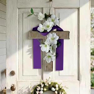 Easter Cross Wreath for Front Door, 14 Inch Rustic Cross with White Lily Flowers and Purple Ribbon, Spring Religious Wall Hanging Decor for Home Porch Church Party Celebration