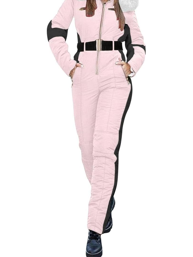 YRAETENM Womens Winter Onesies Ski Jumpsuits Outdoor Sports Waterproof Windproof Snowsuit Fur Collar Coat Slim Ski Outfits,XXL PINK
