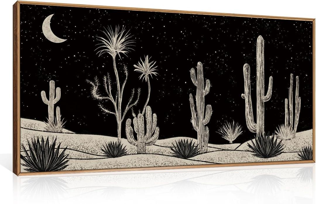 Desert Night Cactus Framed Canvas Wall Art Set,Southwestern Black and White Landscape Wall Decor,Rustic Wooden Mid Century Boho Moon Artwork for Living Room,Bedroom-20 x40