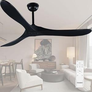 Fanawi Ceiling Fan No Light, 52 Inch Modern Solid Wood Ceiling Fan with Remote, Quiet DC Motor, Flush Mount Low Profile Indoor or Covered Patio Ceiling Fan for Bedroom Living Room, Black