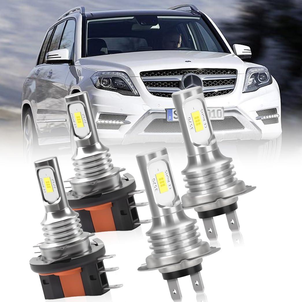 Upgraded LED Headlight Bulbs for Mercedes-Benz GLK350 2013 2014 2015, H15 High and H7 Low Beam, 6000K, Plug and Play, Pack of 4