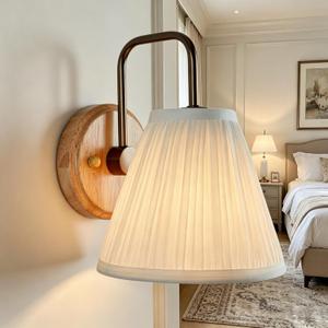 Vintage Wall Sconce with White Pleated Linen Shade, 7" L x 7" W x 16" H