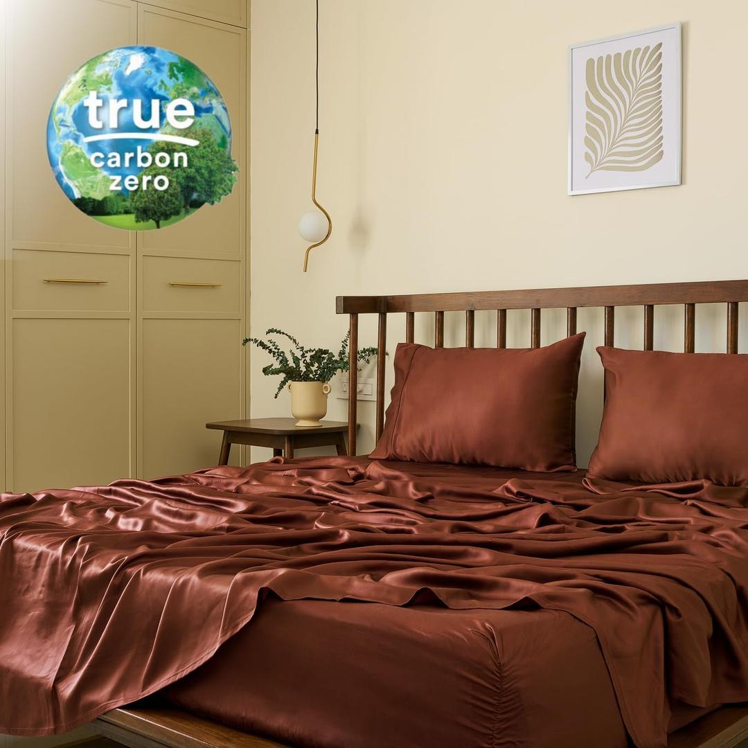 Certified 100% Tencel Eucalyptus Lyocell Queen Sheets|4 Piece Set|Sateen Weave|True Carbon Zero|Gentle to Skin|Genuity Tags Included|Natural Sheen|Body Temp Regulation (Chocolate)