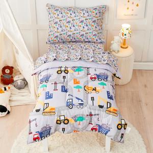 Construction Toddler Bedding Set for Boys, 4 Piece Bed-in-a-Bag Toddler Comforter Sets, Excavator, Cars Printed, Super Soft and Comfortable Microfiber Todeeler Bed Set
