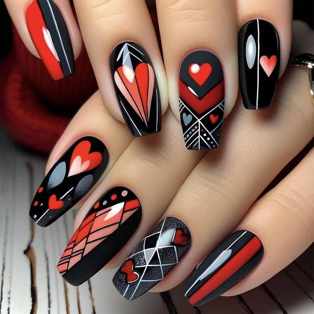 24Pcs Valentine's Day Press on Nails Medium Square Fake Nails with White Line Design Red Heart Bow Acrylic Nails False Nails Black Solid Color Full Cover Glossy Stick on Nails for Women Girls