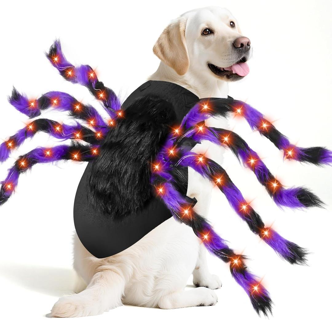 Camlinbo 24 LED Spider Dog Halloween Costume for Small Medium Large Dogs, Furry Spider with LED Lights Puppy Pet Costume Outfits Clothes Funny Halloween Costume Party Cosplay (Orange)