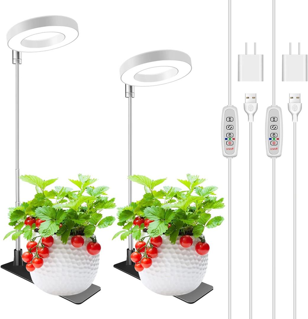 Grow Lights for Indoor Plants, Full Spectrum Halo Growing lamp with Detachable Base, Height Adjustable, 3 Colors, 10 Dimming, Automatic Timer, Plant Light for Small Plants Growing, 2-Pack (White-3.4in)