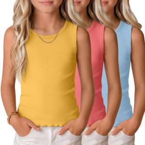 YooAurvox 3 Pack Girls Tank Tops Sleeveless Shirt Crew Neck Lettuce Trim Undershirt Summer Casual Basic Tops for Kids 5-14(13-14 Years,Light Blue, Sunset Red, Yellow)