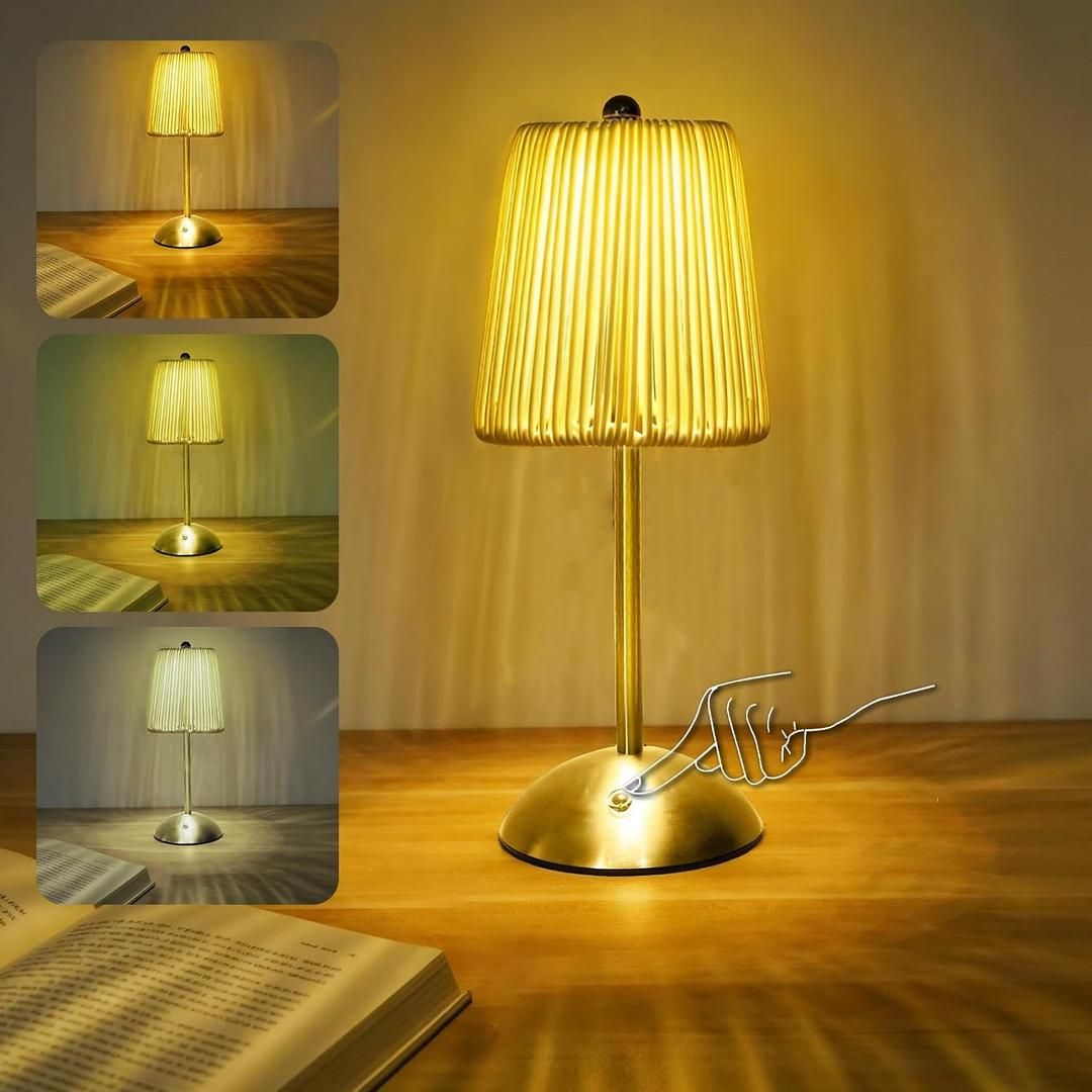 Boho Rattan Table Lamp, Cordless Wicker Woven Vintage Table Lamp - LED Rechargeable Touch Control 3 Color Dimmable Reading Bedside Lamp for Bedroom Living Room Office, Home Outdoor Decor (White-1)