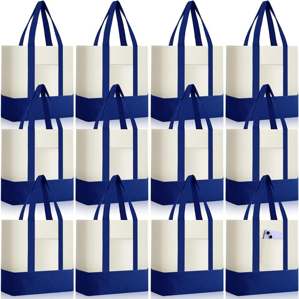 Sanwuta 12 Pcs Mini Canvas Tote Bags Bulk with Pocket Small Sublimation Blank Canvas Tote Reusable Grocery Bag for Women, DIY Craft (Royal Blue)