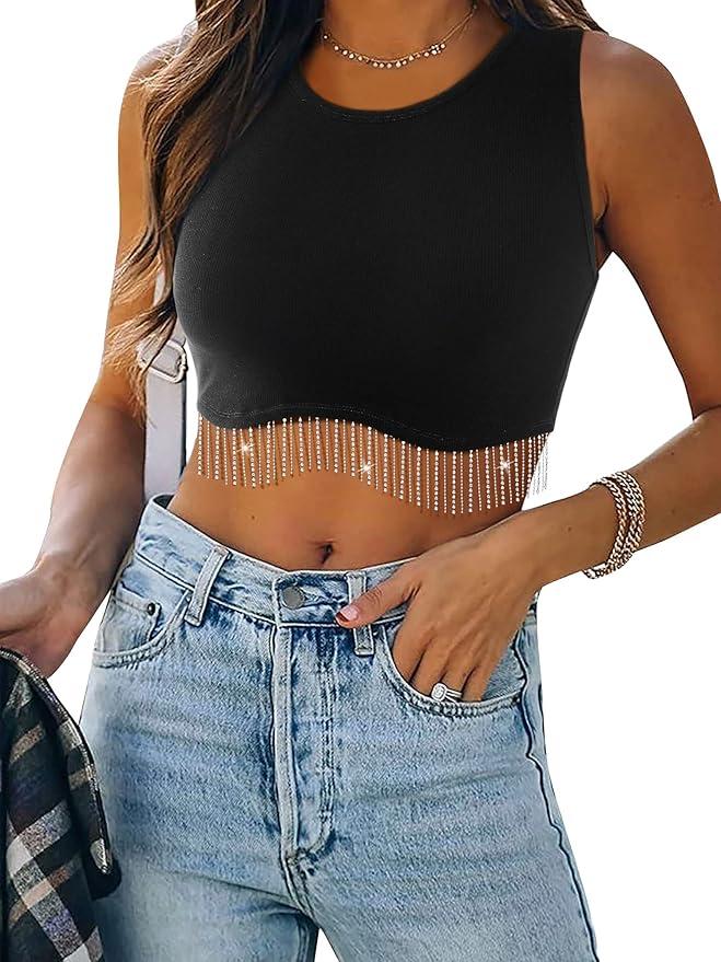 Womens Nashville Sparkly Rhinestone Fringe Sleeveless Crop Tops Y2K Raceback Ribbed Cropped Tank Tops with Glitter Tassel Small