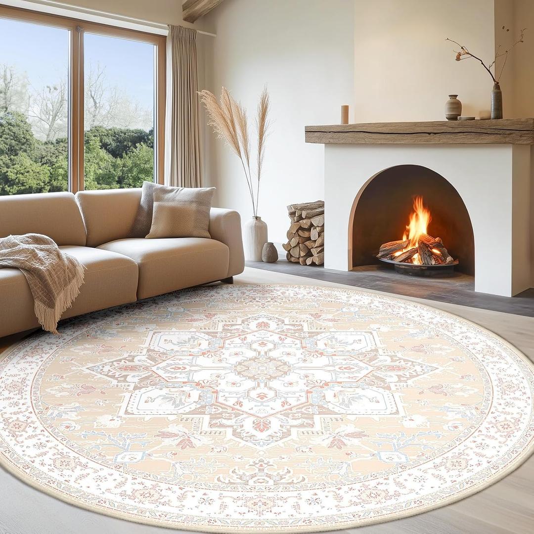 BESTSWEETIE 8ft Area Rugs for Living Room Washable Non Slip Carpet Low Pile Soft Vintage Print Pattern Rug for Bedroom Dining Room Kitchen Entryway Indoor-Cream/Light Yellow/Brown/Blue/Red/Pink