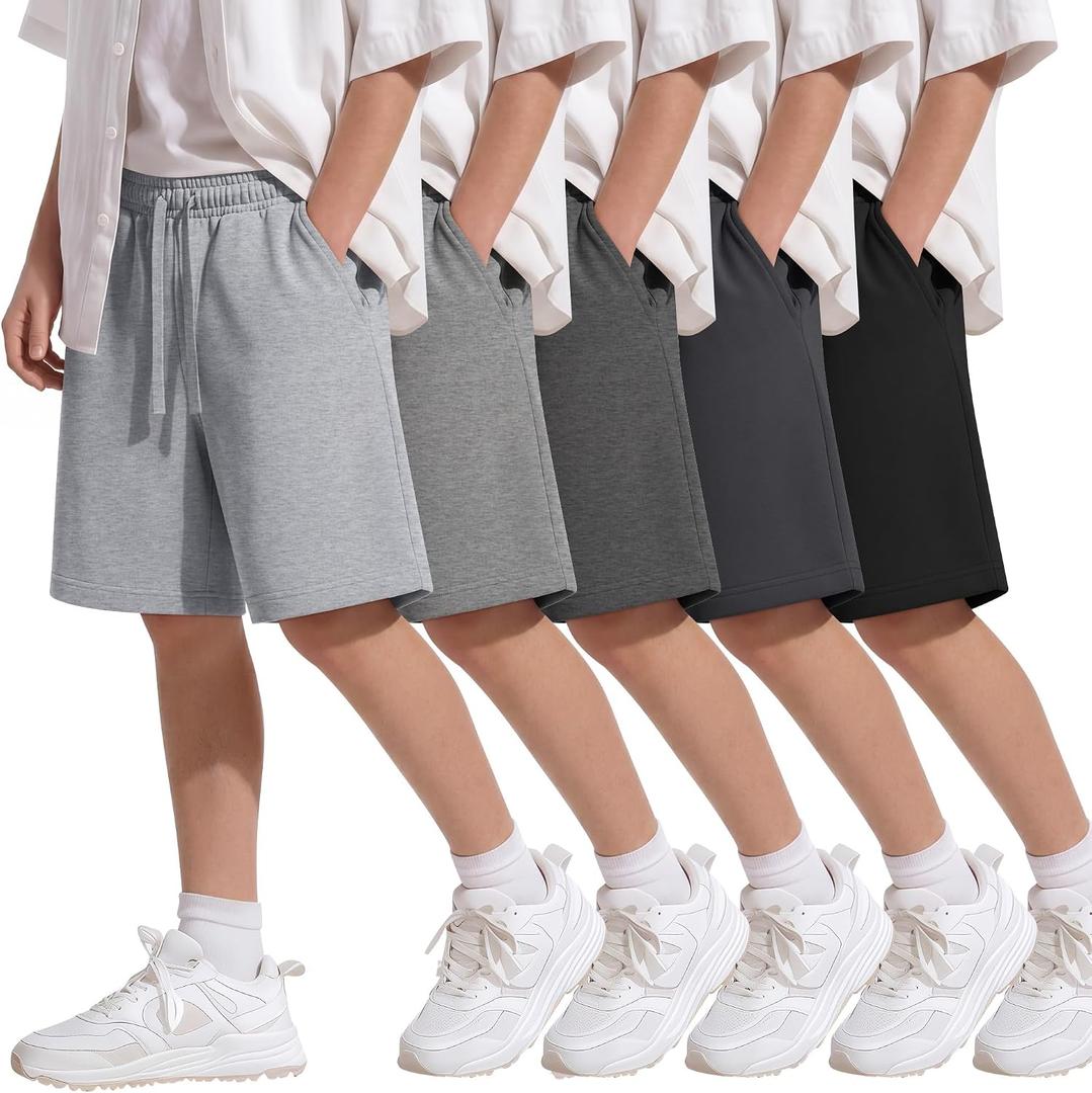 Langyiwee 5 Pack Boys Shorts Kids Athletic Uniform Shorts Summer Teen Soft Casual Drawstring Clothes for School(Black, Dark Heather Gray, Dark Gray, Heather Gray, Light Heather Gray,15-16 Years)