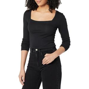 Amazon Essentials Women's Slim-Fit Long Sleeve Square Neck T-Shirt (Black, Small)