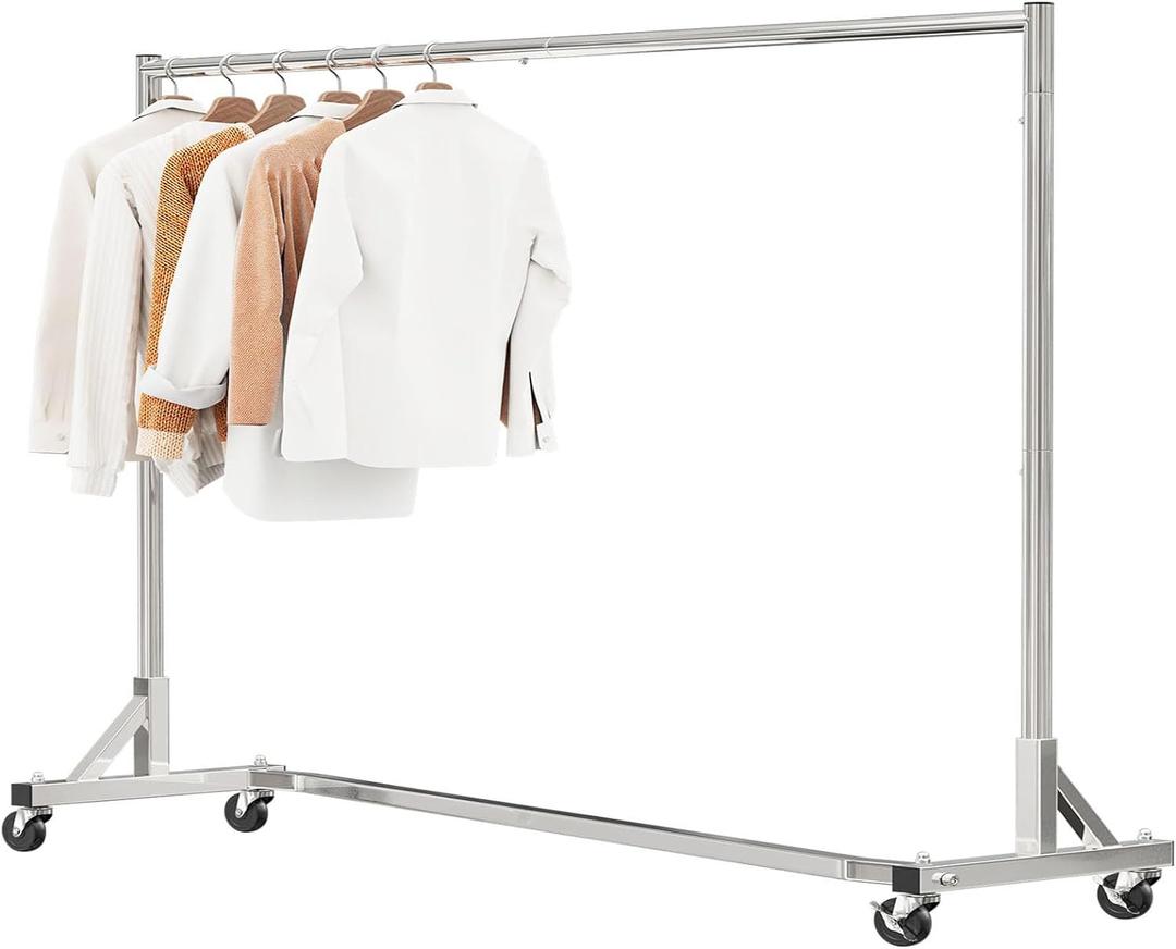 Simple Trending Industrial Grade Z Base 70in extra long Clothes Garment Rack, Commercial Grade Rolling Clothing Rack, Heavy Duty 450lb Load with Wheels, Chrome