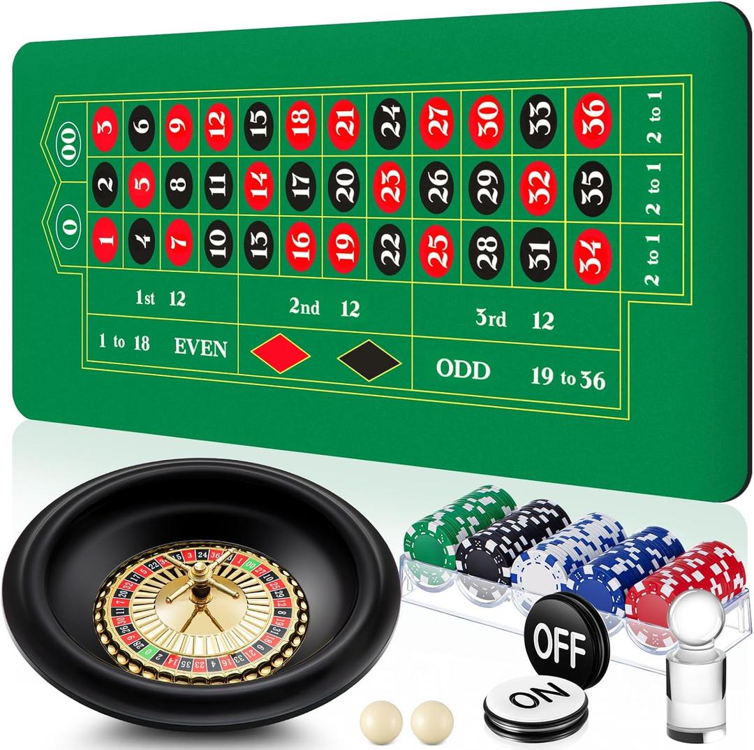 Roulette Wheel Game Set Include 16'' Black Roulette Wheel 35" x 16" Rubber Tabletop Layout Mat, 100 Chips Dealer Button Win Marker Casino Game Sets Gift Ideas(Green)