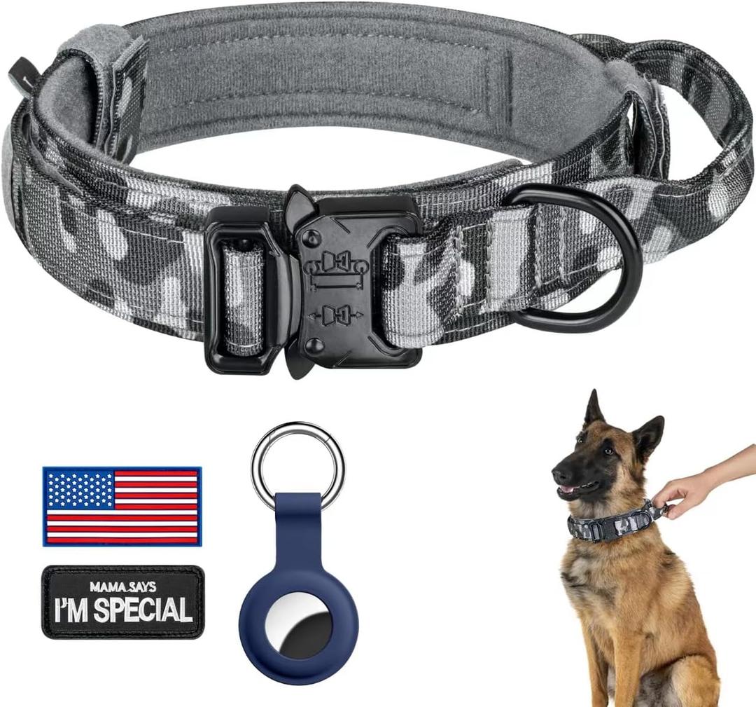 DAGANXI Tactical Dog Collar, Adjustable Military Training Nylon Dog Collar with Control Handle and Heavy Metal Buckle for Medium and Large Dogs, with Patches and Airtags Case (XXL, Camo)