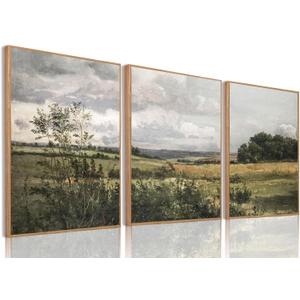 IBHJSART Framed Canvas Vintage Wall Art,Landscape Decor Prints,Set of 3 Nature Countryside Art Retro Painting Fields Tranquil Pictures Artwork Rustic for Living Room Bedroom Bathroom (16"x24" Natural, Wilderness)
