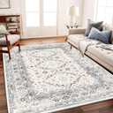 Washable Area Rug 8x10 Retro Flowers Boho Design Non-Shedding Easy Care Ideal for High Traffic Areas in Living Room Bedroom Office Coffee Table Kitchen Large Carpet (Blue and Gray)
