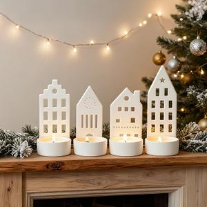 DN DECONATION House Tealight Candle Holders Set of 4 – Christmas Candle Holder Centerpieces for Tables, Modern Christmas Decorations Mantel Candlestick Holders Holiday Table Decor Ceramic