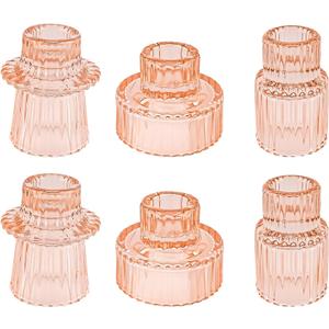 Double Sided Vintage Ribbed Taper Glass Candle Holders,Tea Candle Holder for Table Centerpieces, Wedding Decorations and Dinner Parties (Orange Pink, 6 PCS)