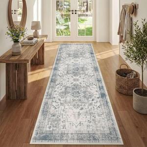 Rugxara 2'6" x 8' Hallway Runner Rug, Non Slip Boho Runner Rugs for Hallway, Kitchen, Entrance, Bathroom, Laundry Room, Soft Ultra-Thin Entryway Carpet, Throw Low Pile Retro Carpet, Blue/Grey