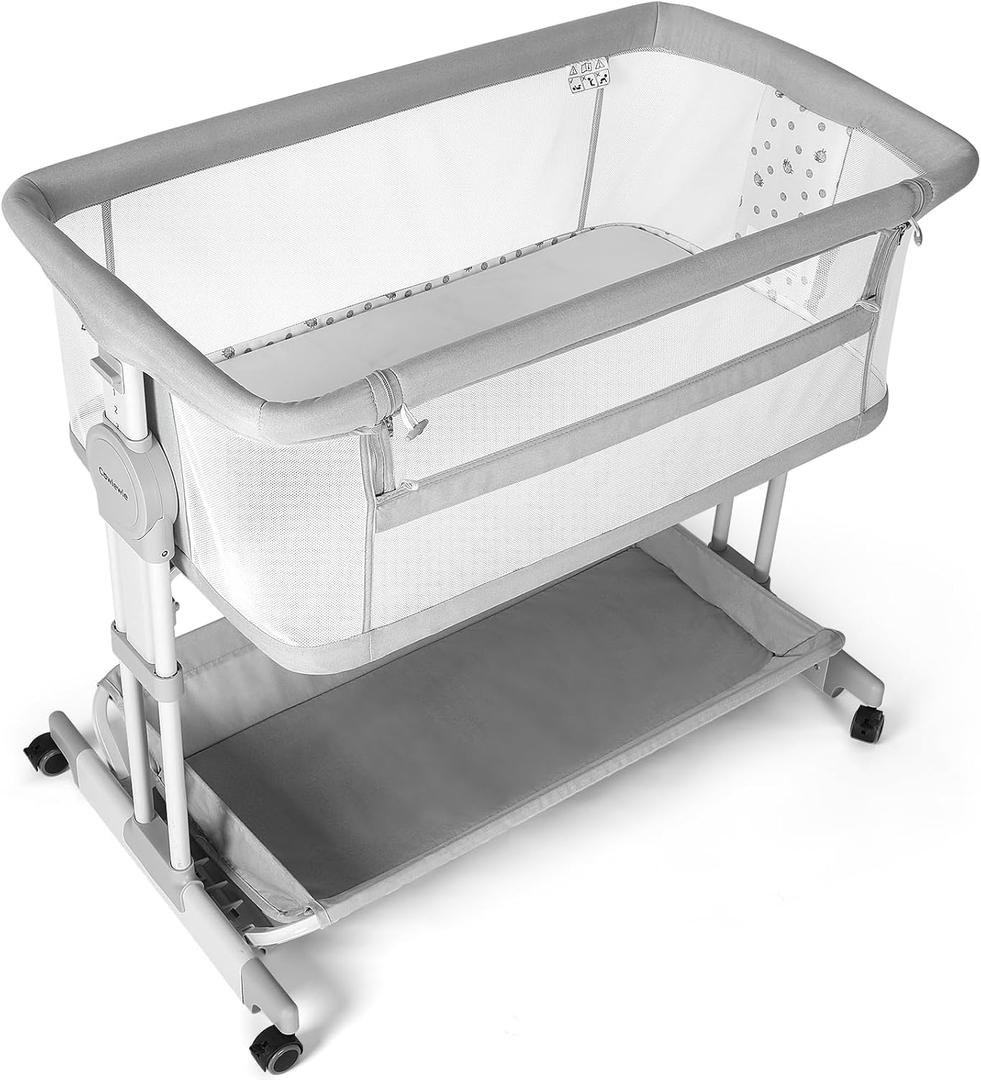 Cowiewie Bassinet Bedside Sleeper, Rocking Bassinet for Baby with 4 Wheels & 7 Adjustable Height, 360 All-Round Breathable Mesh Sides Bedside Crib, 2025 New