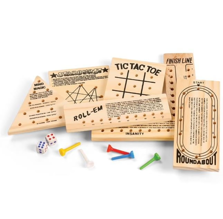 Zummy Pack of 7 Mini Wood Games with Dice and Pegs, Tic Tac Toe, Mind Magic