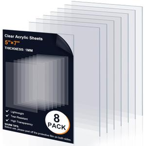 8 Pack 5"7" Clear Transparent Plexiglass Sheets, 1/25 (1mm) Thick Plexiglass Sheets, Extrusion Process Acrylic Sheet for Photo Frame Glass Replacement, Art Protectors, DIY Craft Projects